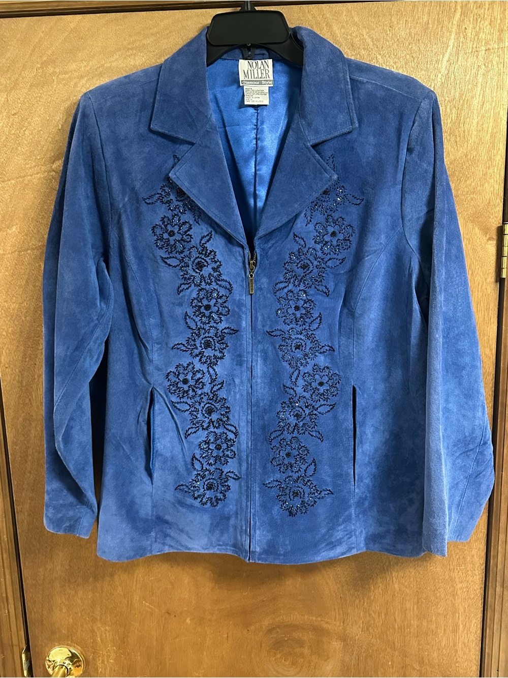 Nolan Miller Blue Suede Zip-Front Jacket with Beaded Floral Panels 1X